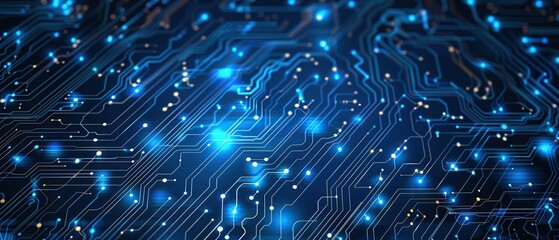 Abstract blue glowing circuit board with lines and dots, digital technology background.