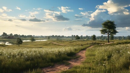 Obraz premium The image is a beautiful landscape of a green field with a blue sky and white clouds.