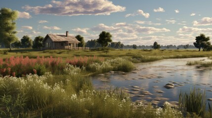 Small wooden house near the river in the middle of the field. The weather is nice and sunny. Flowers are blooming near the house.