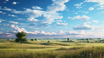 Obraz premium Amazing landscape with a large green field under a blue sky with white clouds.