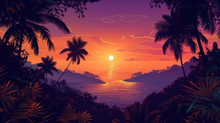 Obraz premium Vivid Sunset over Tropical Ocean with Palm Trees, Digital Art Wallpaper