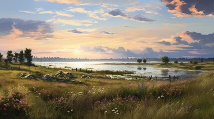 Amazing landscape with beautiful sunset over calm lake. Green grass field with wildflowers in foreground.