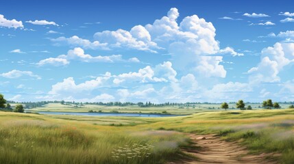 Fototapeta premium The image shows a beautiful landscape with a blue sky and white clouds. There is a green field with a river in the distance.