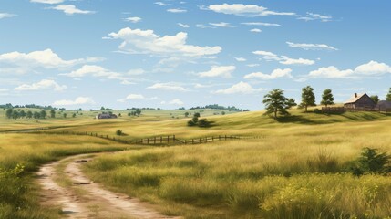 The image shows a beautiful summer landscape with a golden wheat field, green hills, and a blue sky with white clouds.