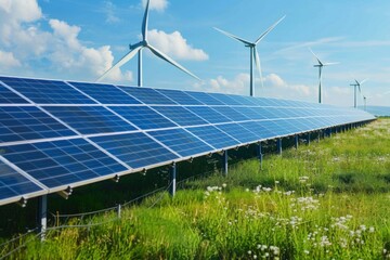 Solar panels are generating clean energy on a sunny wind farm