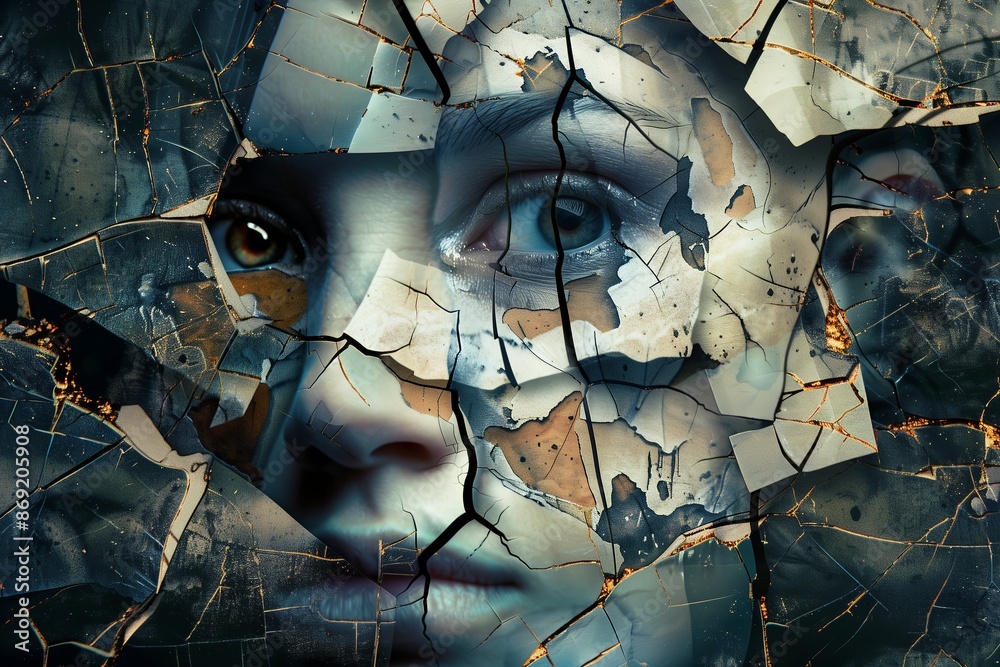 Poster a high resolution graph of a fragmented human face, symbolizing dissociative disorder, with each