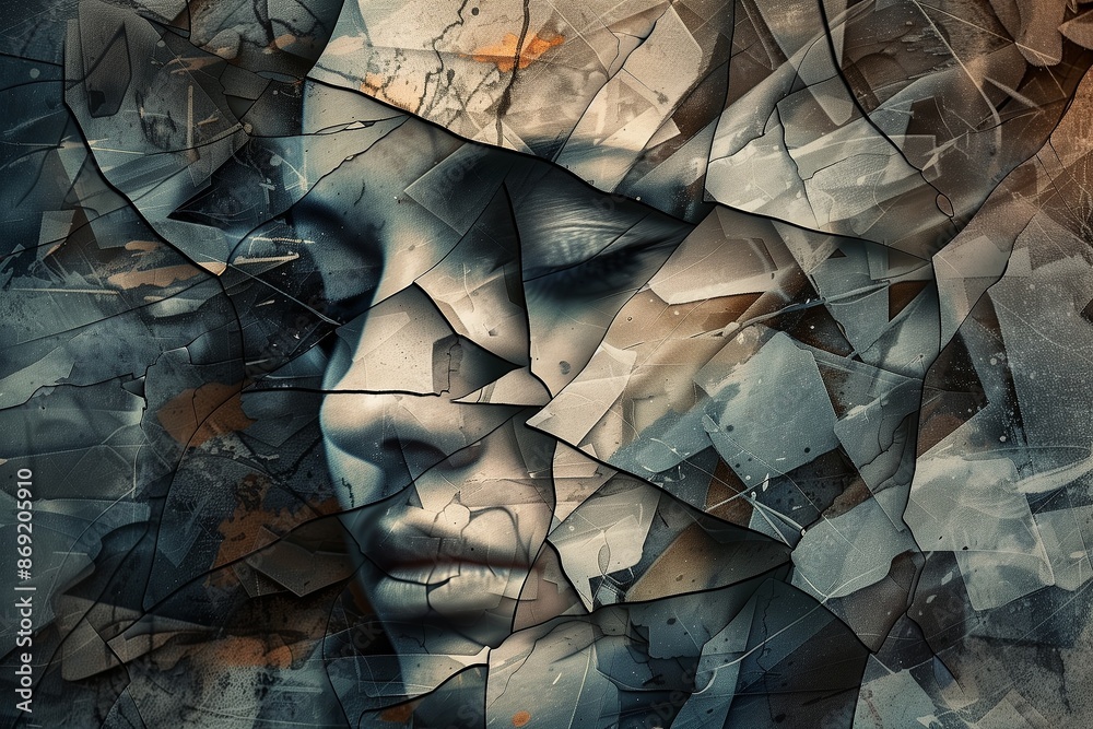 Poster a high resolution graph of a fragmented human face, symbolizing dissociative disorder, with each