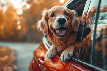A dog with its head protruding from the car window