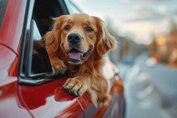 A dog with its head protruding from the car window