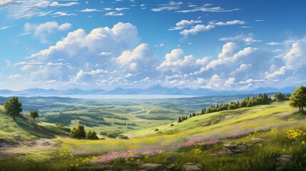 Naklejka premium Amazing view of green rolling hills and blue sky with white clouds in the background.