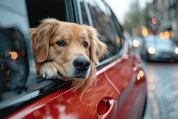 A dog with its head protruding from the car window