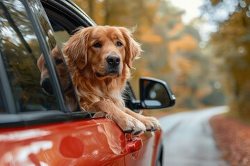A dog with its head protruding from the car window