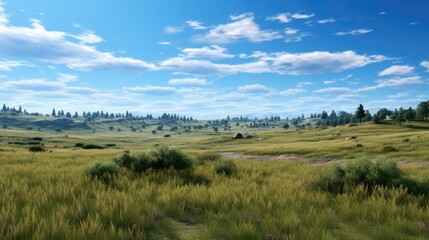 This is a beautiful landscape image of a vast green field with a blue sky and white clouds.