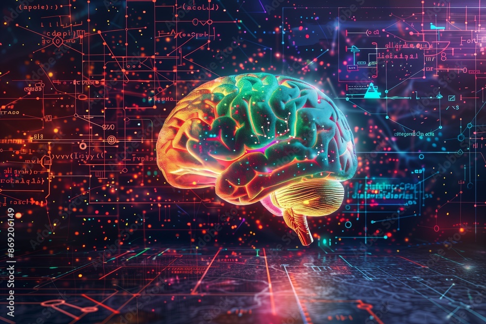 Aufkleber A high resolution graph of a human brain with neural pathways highlighted in vibrant colors,