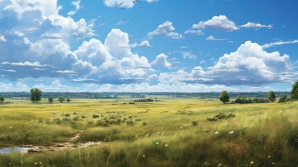 Fototapeta premium The image shows a beautiful landscape with a vast green field, blue sky and white clouds.