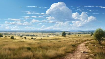 Obraz premium The image shows a beautiful landscape with a vast field of golden grass, and a clear blue sky with fluffy white clouds.