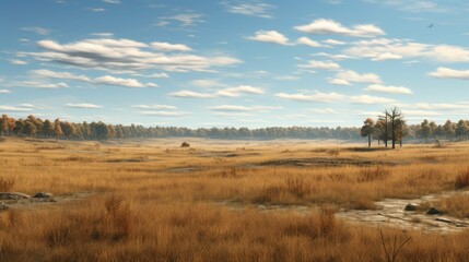 This is a beautiful landscape image of a vast field of tall grass, with a few trees in the distance and a clear blue sky with white clouds.