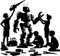 silhouettes of children playing and inventing robots