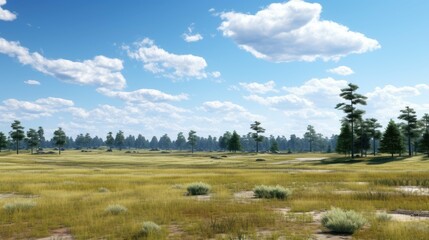 Fototapeta premium The image shows a beautiful landscape with a large grass field, green trees, and a blue sky with white clouds.