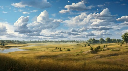 Fototapeta premium The image is a beautiful landscape of a vast grassland with a river running through it. The sky is blue and cloudy and the sun is shining.