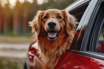 A dog with its head protruding from the car window