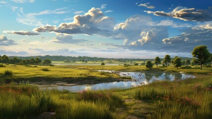 Amazing landscape with green field and river. The sky is blue and cloudy. The sun is shining. The image is peaceful and relaxing.