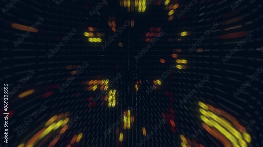 Poster Digital connection, vibration and abstract of speed, motion graphics, texture and metrics and wave of sound. Fast, form and floating of dots, network and cloud computing of energy, color and lights