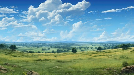 Amazing view of the great plains of the American Midwest. The rolling hills are covered in a lush green carpet of grass.