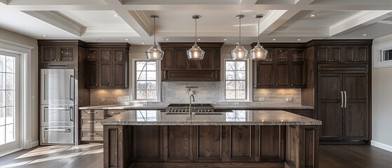 Classic modular kitchen design with dark oak cabinets.