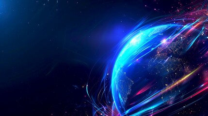 Obraz premium Vibrant Earth in space with neon hues background. Conceptual digital art showing Earth with colorful lights and stars in dark space. Perfect for futuristic, sci-fi projects, and tech backgrounds. AI