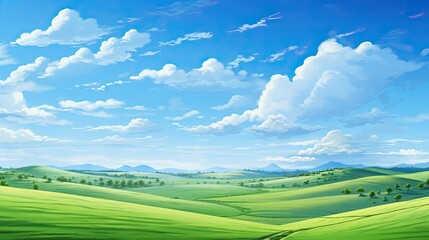Obraz premium The image is a beautiful landscape of a green field with a blue sky and white clouds.