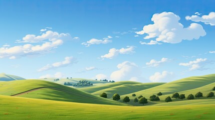 Serene landscape with rolling green hills under a clear blue sky with fluffy white clouds.