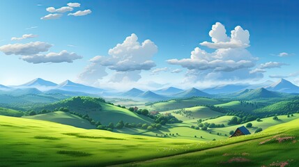 Obraz premium A beautiful landscape image of a green rolling hills with a blue sky and white clouds. The image is very calming and peaceful.