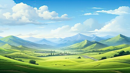 The image is of a beautiful landscape with green hills, mountains, and a blue sky. The image is very peaceful and relaxing.