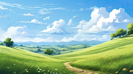 Obraz premium The image is of a beautiful landscape with green hills, blue sky and white clouds.