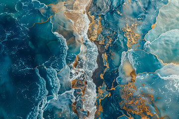 abstract aerial view of ocean waves meeting sandy shore in blue and gold tones, showcasing fluid artistic patterns