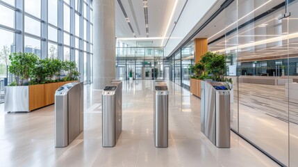 Three stainless steel security gates in a modern office building entrance