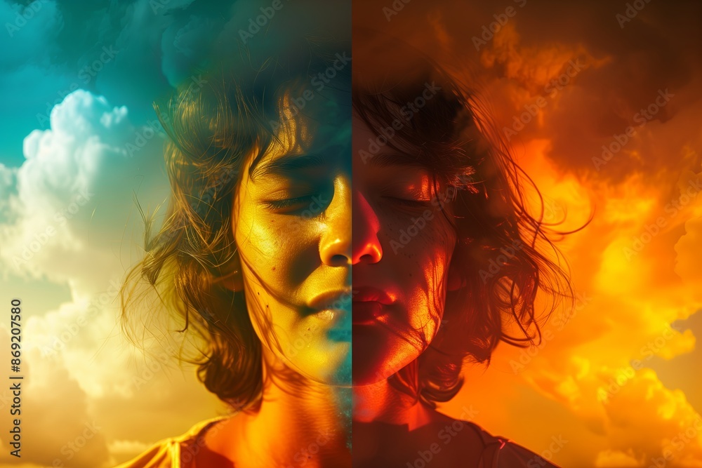 Poster a portrait of a person with a split expression, one half showing a joyful, vibrant smile and the