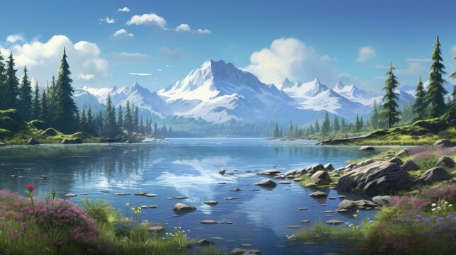 The image is of a beautiful mountain lake. The water is crystal clear and reflects the sky and mountains perfectly. The mountains are covered in snow.