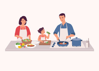 Family Preparing Food Together In The Kitchen. Smiling Little Daughter In Apron Cutting Cucumber With Knife. Father Cooking Steak With Frying Pan. Mother Making Salad. Half Length.