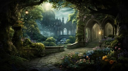 Obraz premium Mystical castle surrounded by a lush forest. The castle is made of gray stone and has a large tower. The forest is full of green trees and flowers.