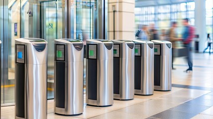 A row of modern security gates in a transit center, with blurred figures of people walking past
