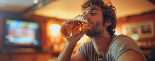 An adult male enjoying a beer in a living room setting, watching something on TV
