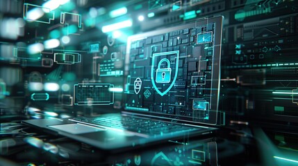 Fototapeta premium Futuristic laptop with a glowing shield and lock icon representing online security.