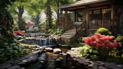 A beautiful garden with a waterfall and a house. The garden is full of flowers and plants. The house is made of wood and has a porch.