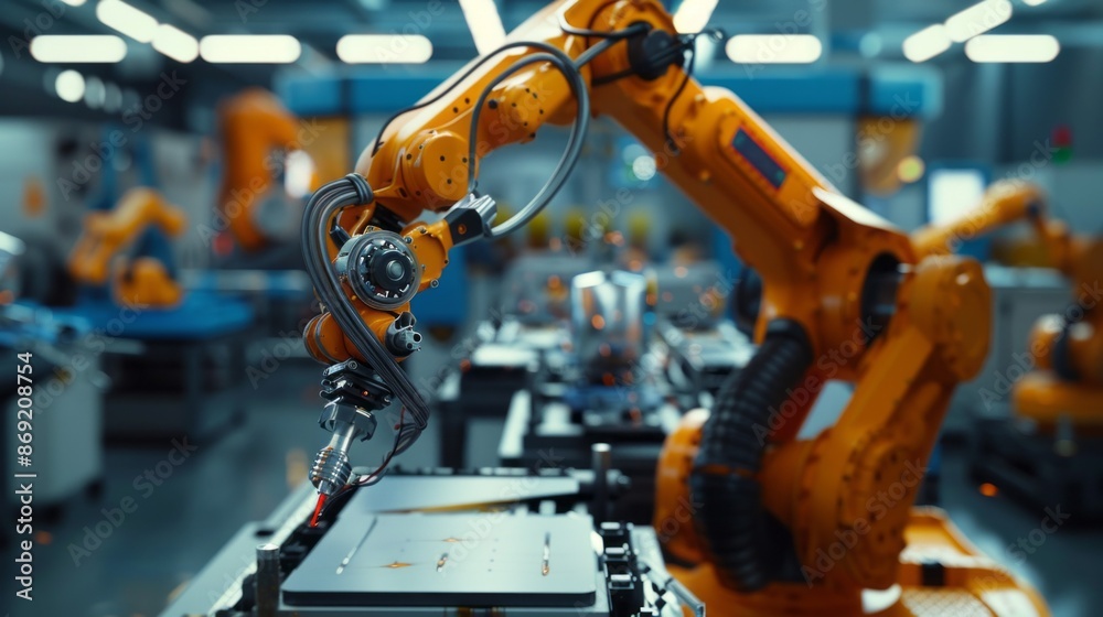 Poster A close-up shot of an orange robotic arm performing a precision task in a brightly lit factory setting