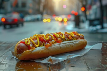 Street Food Hotdog with Mustard and Relish on Urban Night Background