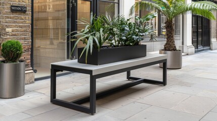A modern planter bench sits on a city street with a pedestrian walking by. The bench is filled with various greenery and flowers