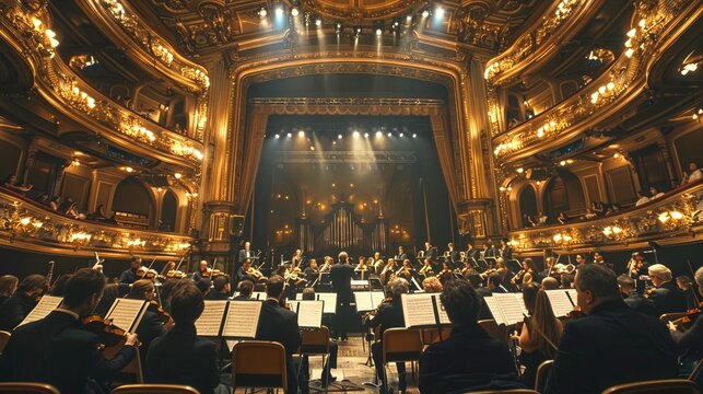 Elegant orchestra performing in a lavish concert hall with golden decor. Musicians playing classical instruments under bright lights. Ideal for arts, culture, and event themes. AI
