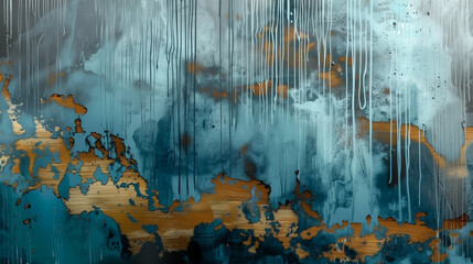 abstract painting with blue and gray tones accented by gold splashes and textured layers